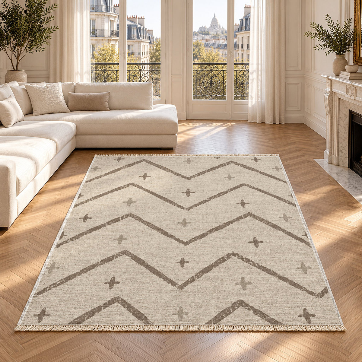 Broken Chevron Ivory & Taupe washable rug in a Paris living room