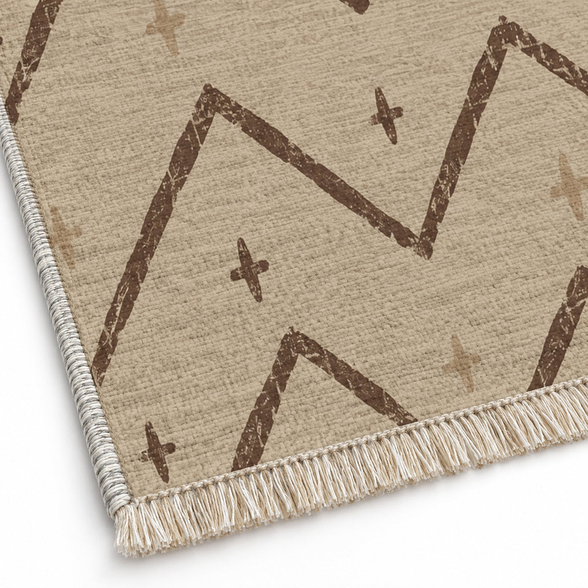 Broken Chevron Oat & Cocoa washable rug close-up of the printed chenille