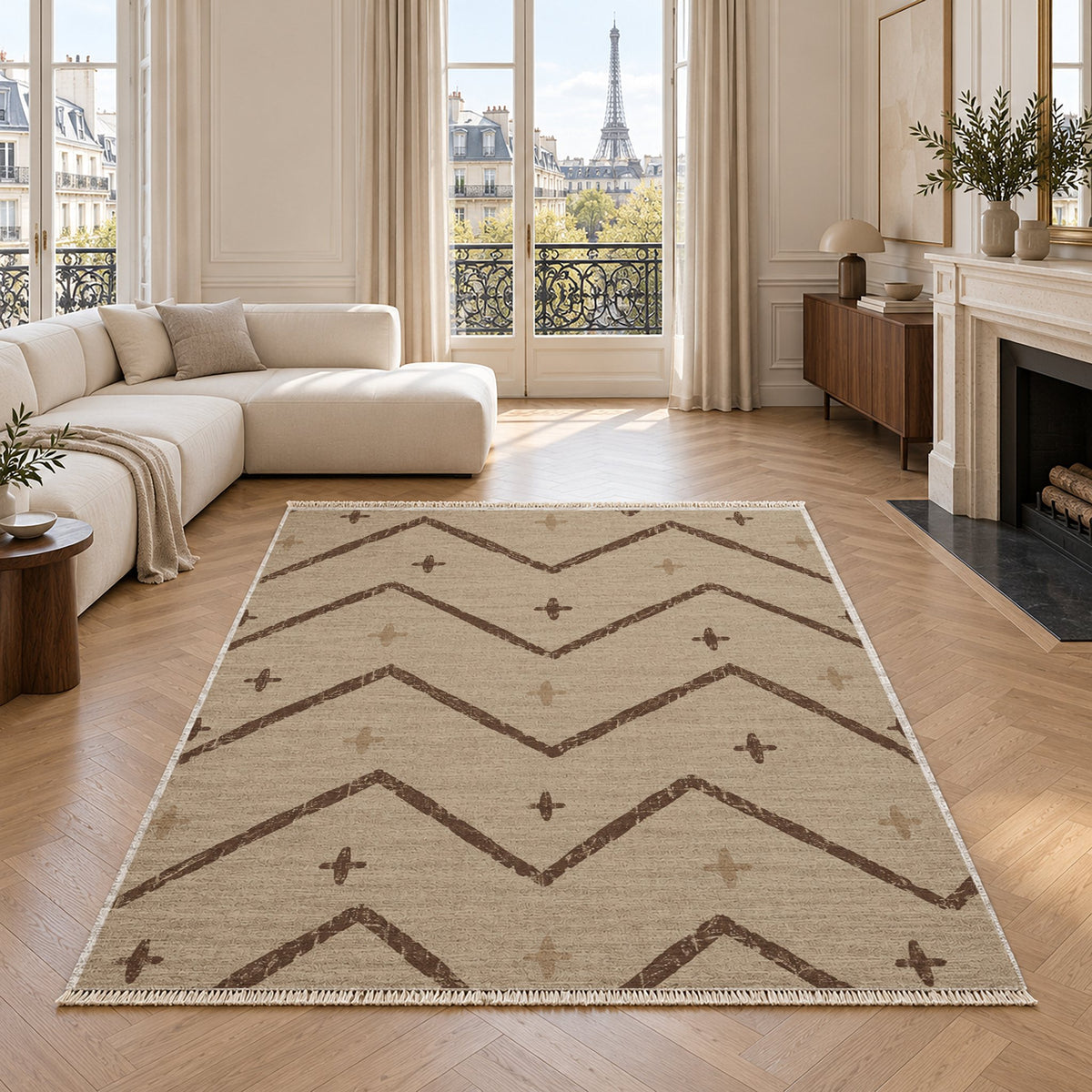 Broken Chevron Oat & Cocoa washable rug in a living room with an Eiffel Tower view
