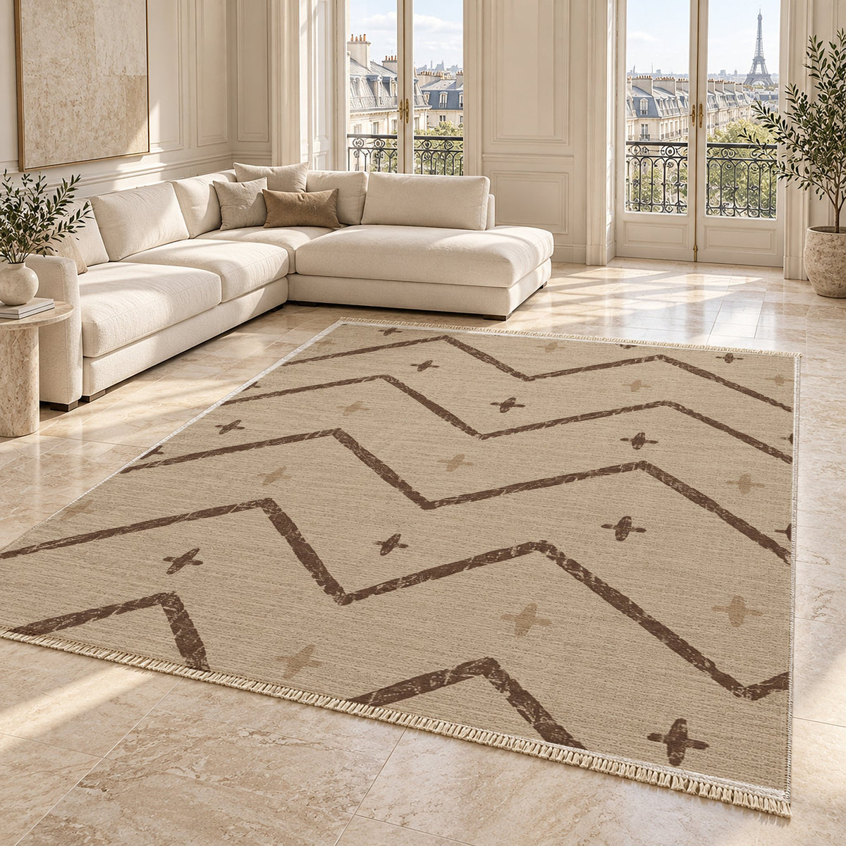 Broken Chevron Oat & Cocoa washable rug angled room view on marble