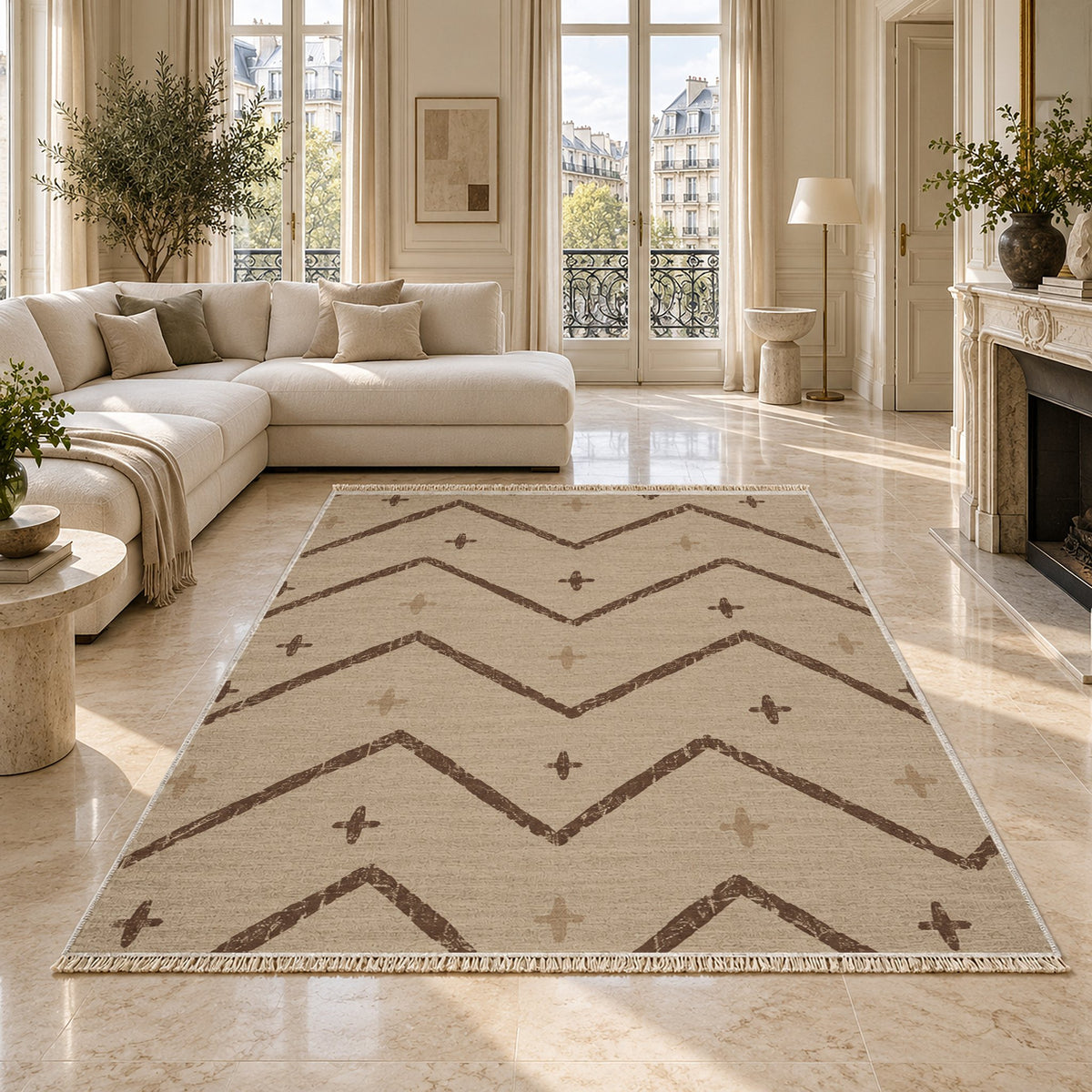 Broken Chevron Oat & Cocoa washable rug on a marble floor