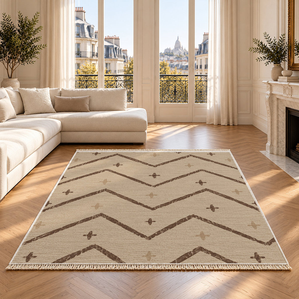 Broken Chevron Oat & Cocoa washable rug on an oak floor