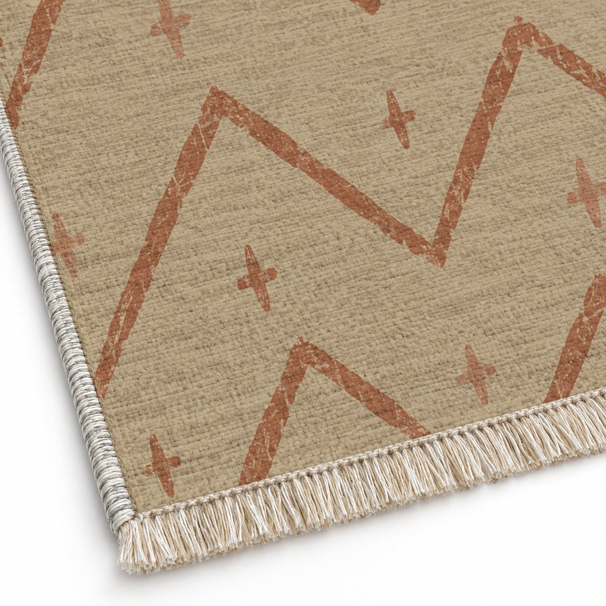 Broken Chevron Sand & Terracotta washable rug close-up of the printed chenille