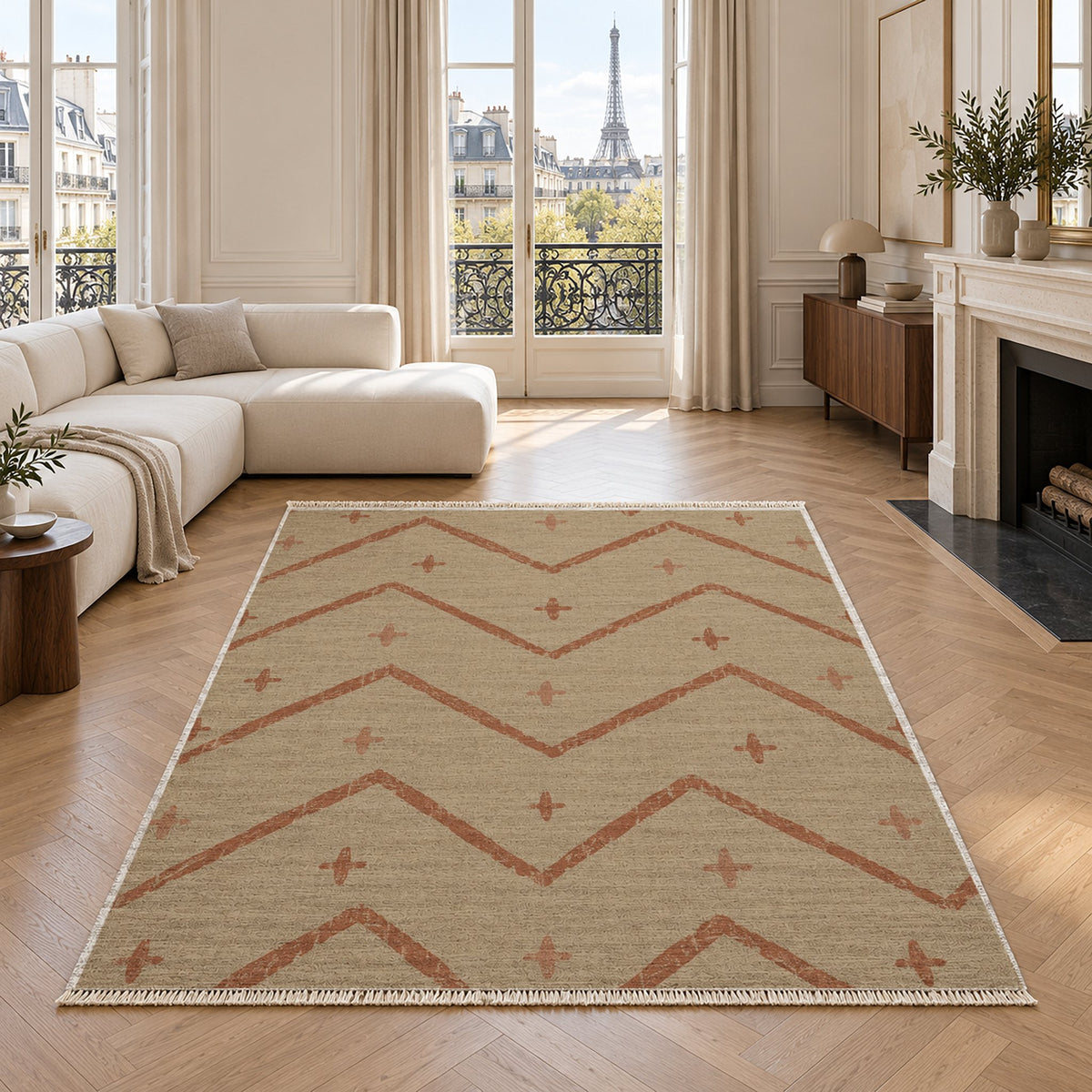 Broken Chevron Sand & Terracotta washable rug in a living room with an Eiffel Tower view