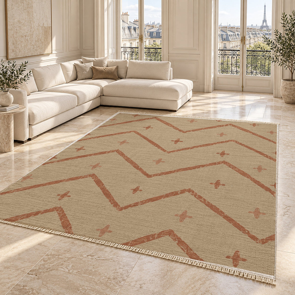 Broken Chevron Sand & Terracotta washable rug angled room view on marble