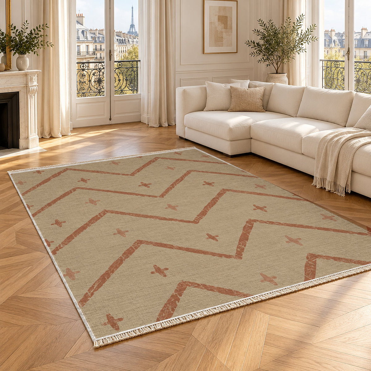 Broken Chevron Sand & Terracotta washable rug angled room view