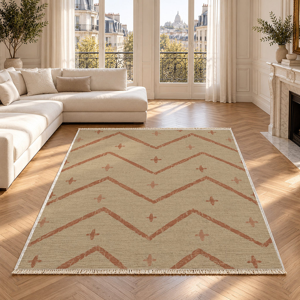 Broken Chevron Sand & Terracotta washable rug in a Paris living room