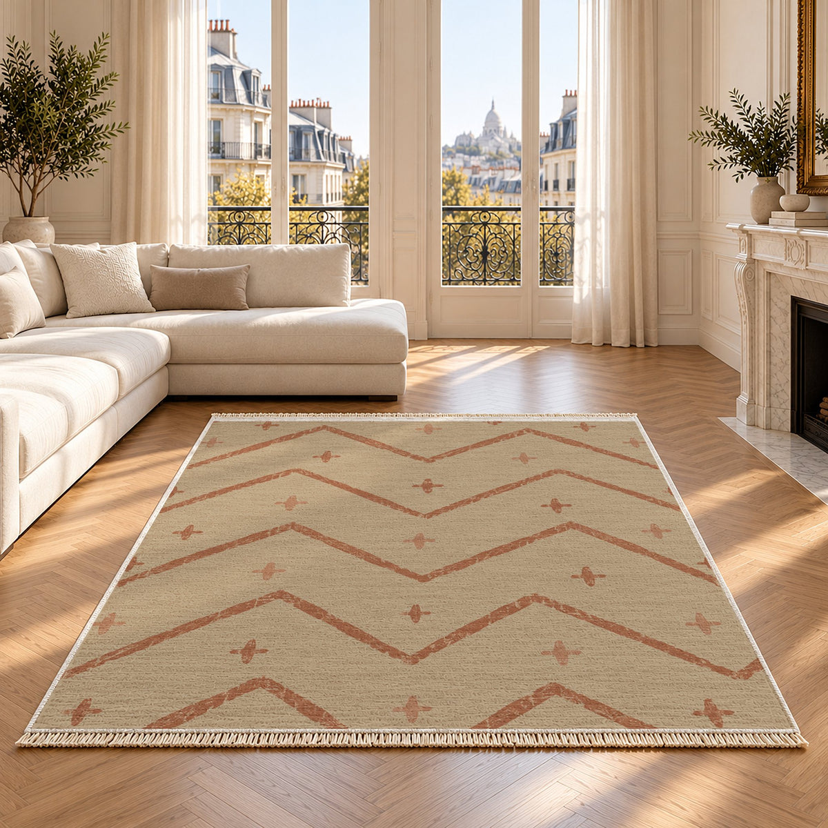 Broken Chevron Sand & Terracotta washable rug on an oak floor