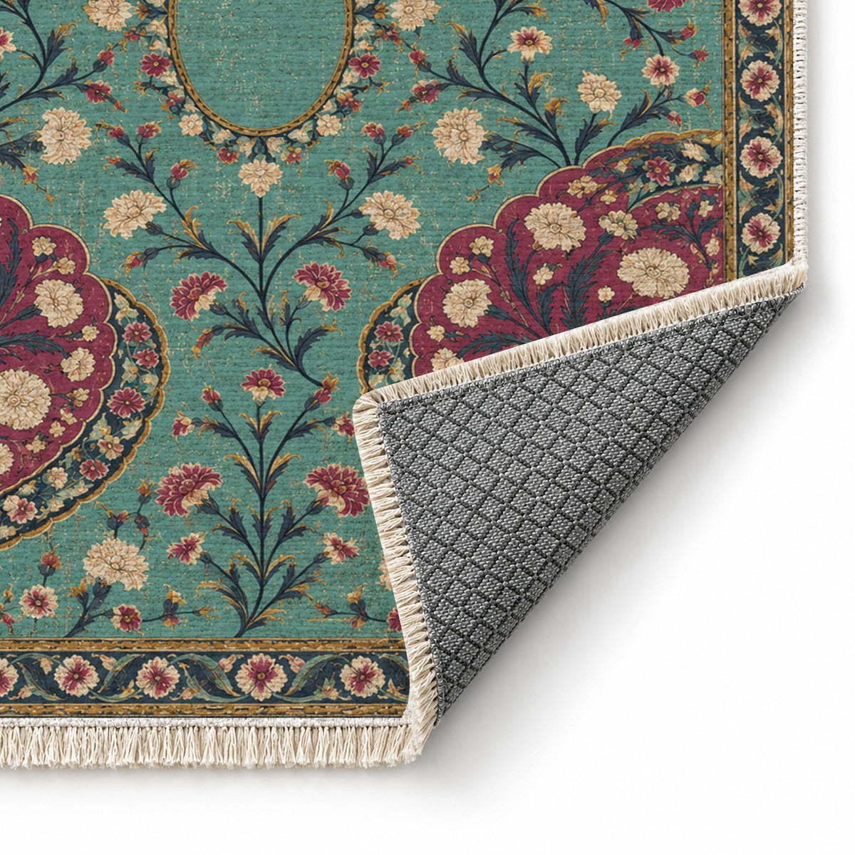 Broken Fan Court Lagoon & Berry washable rug folded corner showing the backing