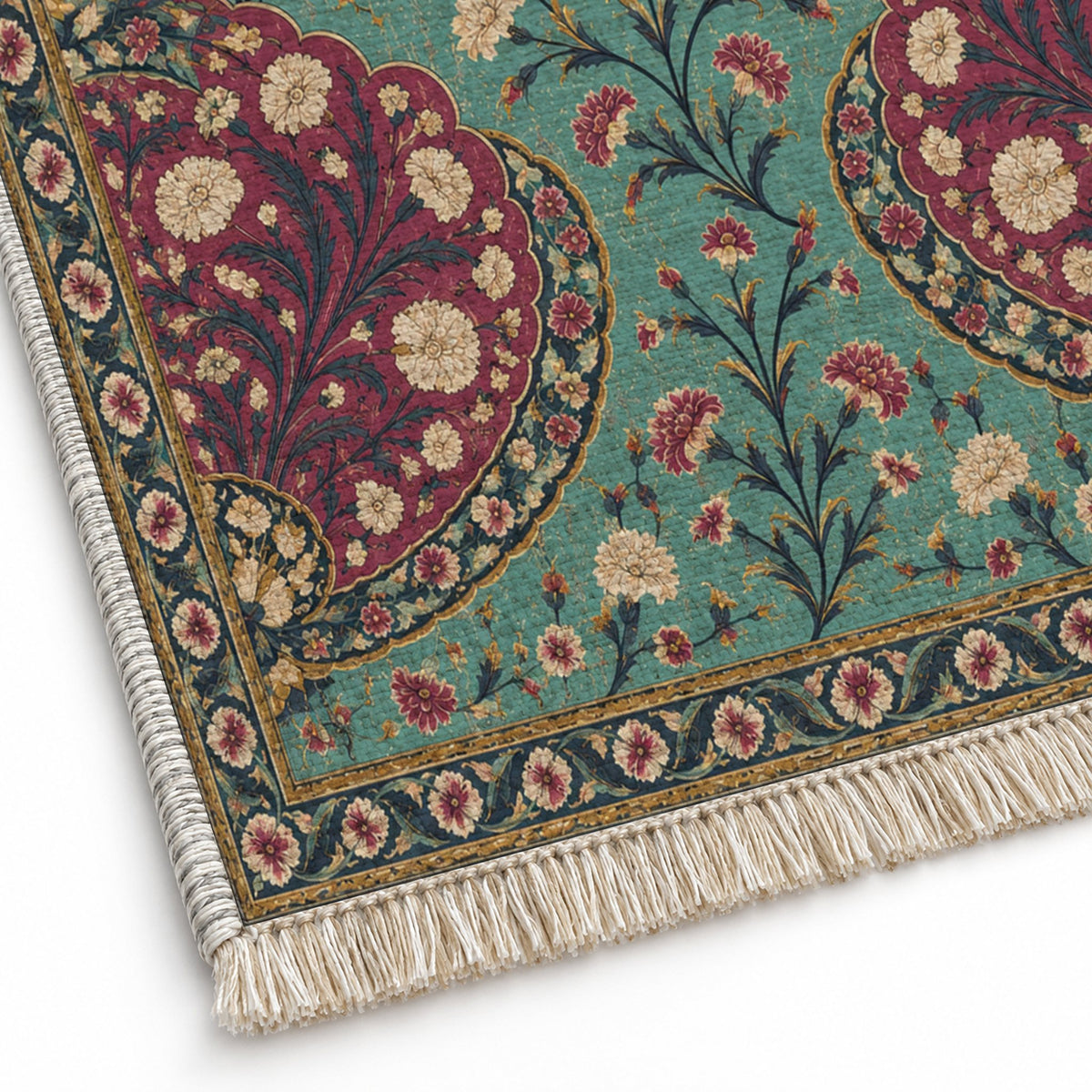 Broken Fan Court Lagoon & Berry washable rug close-up of the printed chenille