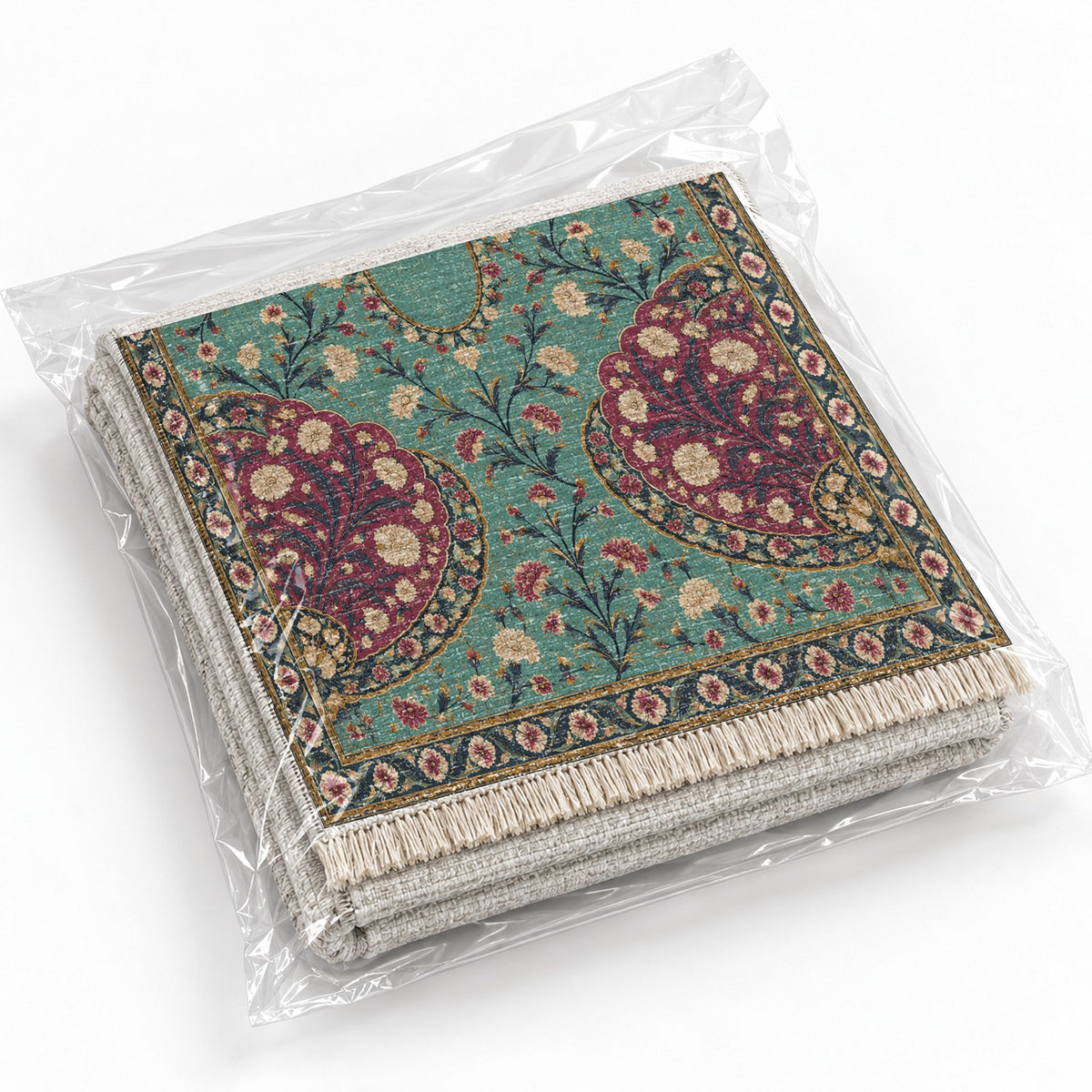 Broken Fan Court Lagoon & Berry washable rug rolled and packaged