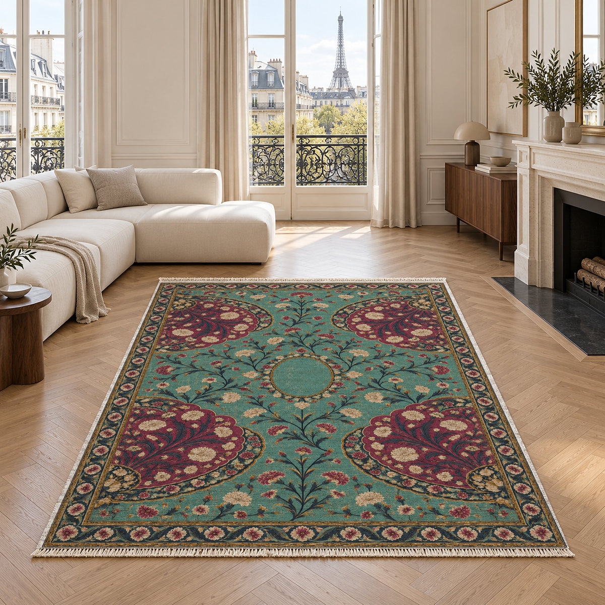 Broken Fan Court Lagoon & Berry washable rug in a living room with an Eiffel Tower view