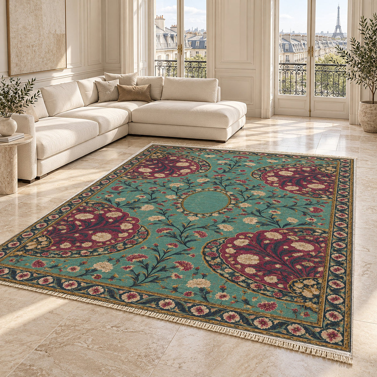 Broken Fan Court Lagoon & Berry washable rug angled room view on marble