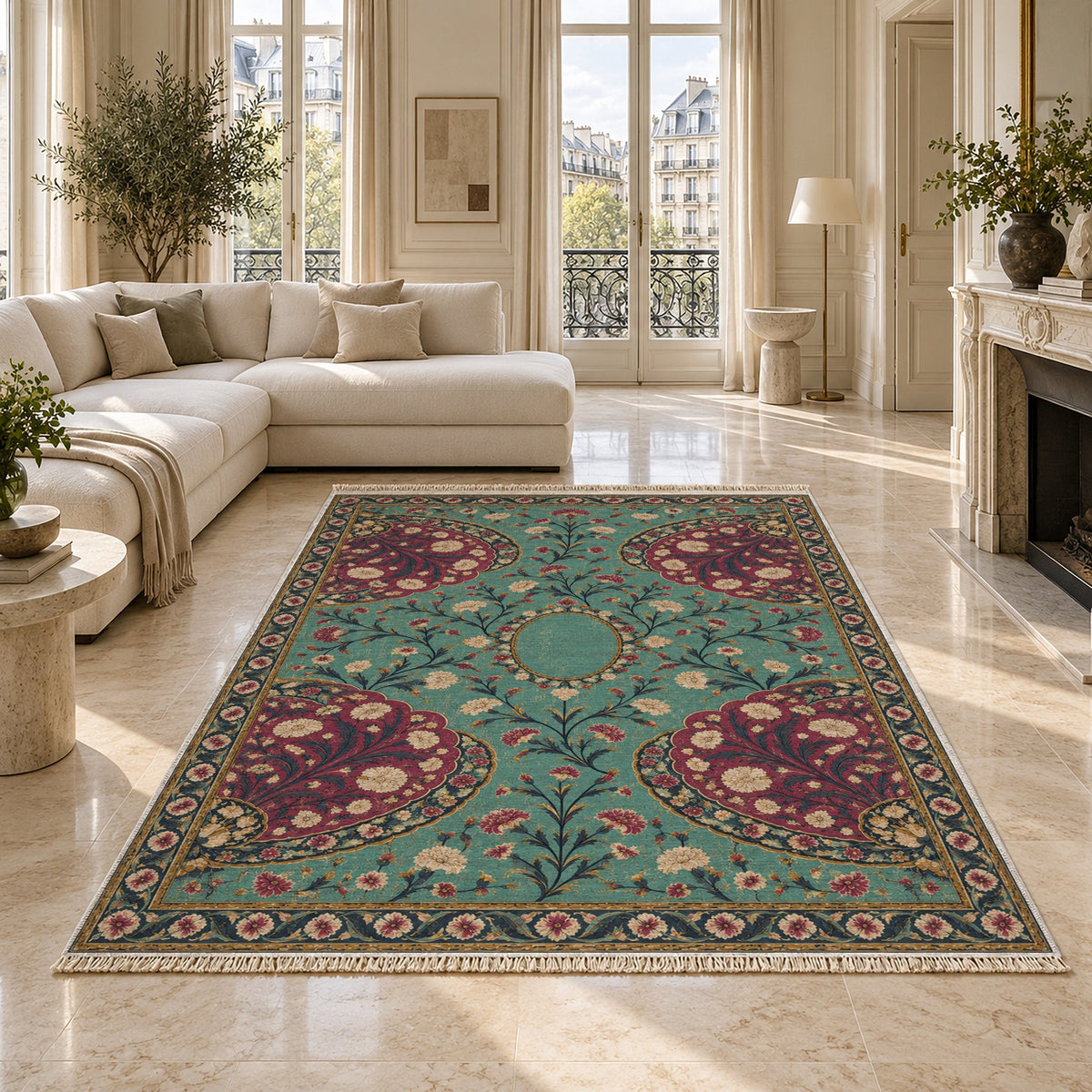 Broken Fan Court Lagoon & Berry washable rug on a marble floor