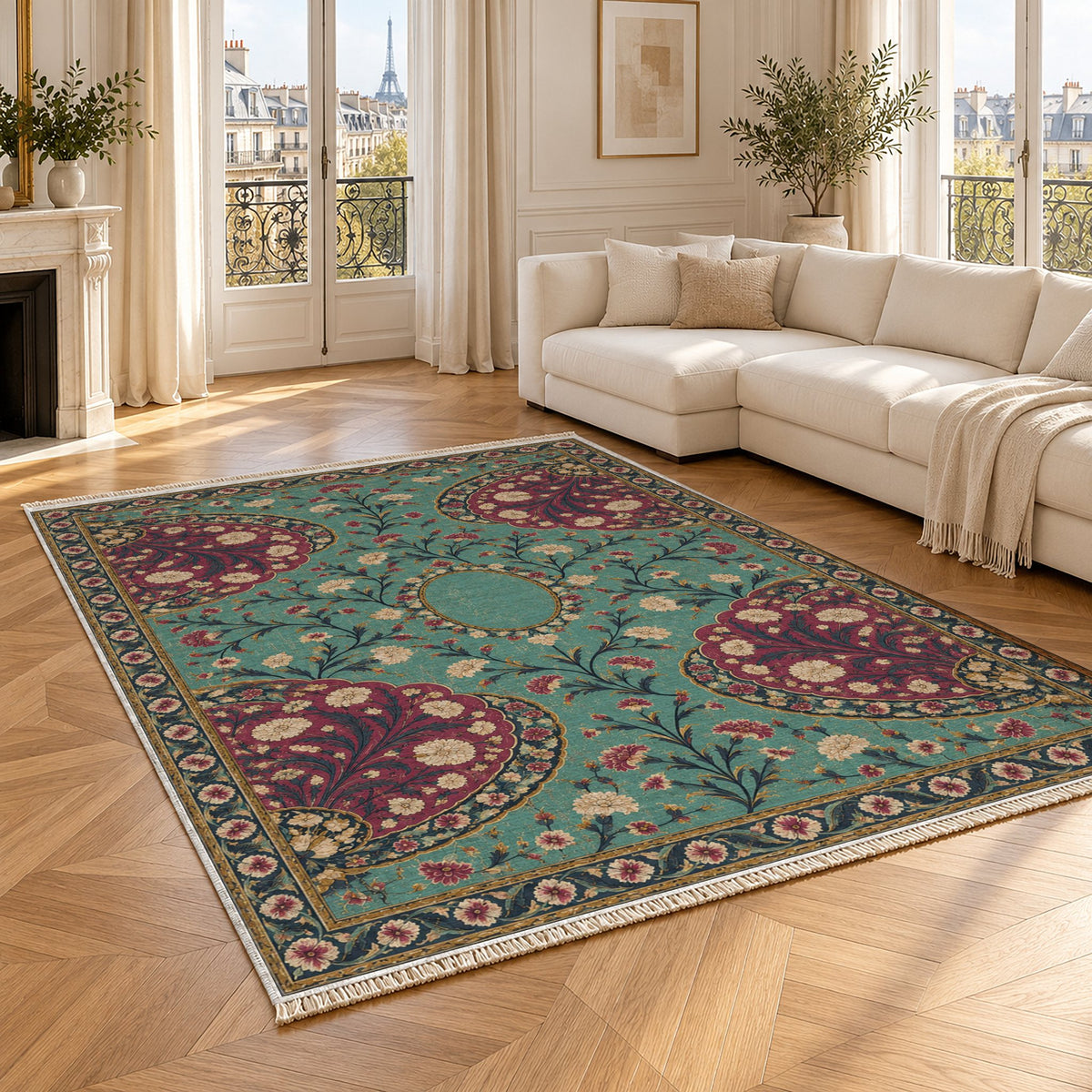 Broken Fan Court Lagoon & Berry washable rug angled room view