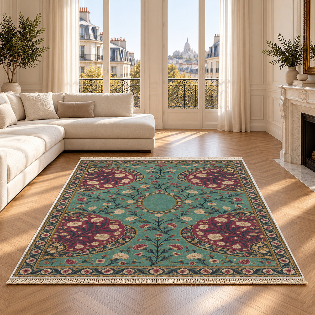 Broken Fan Court Lagoon & Berry washable rug on an oak floor