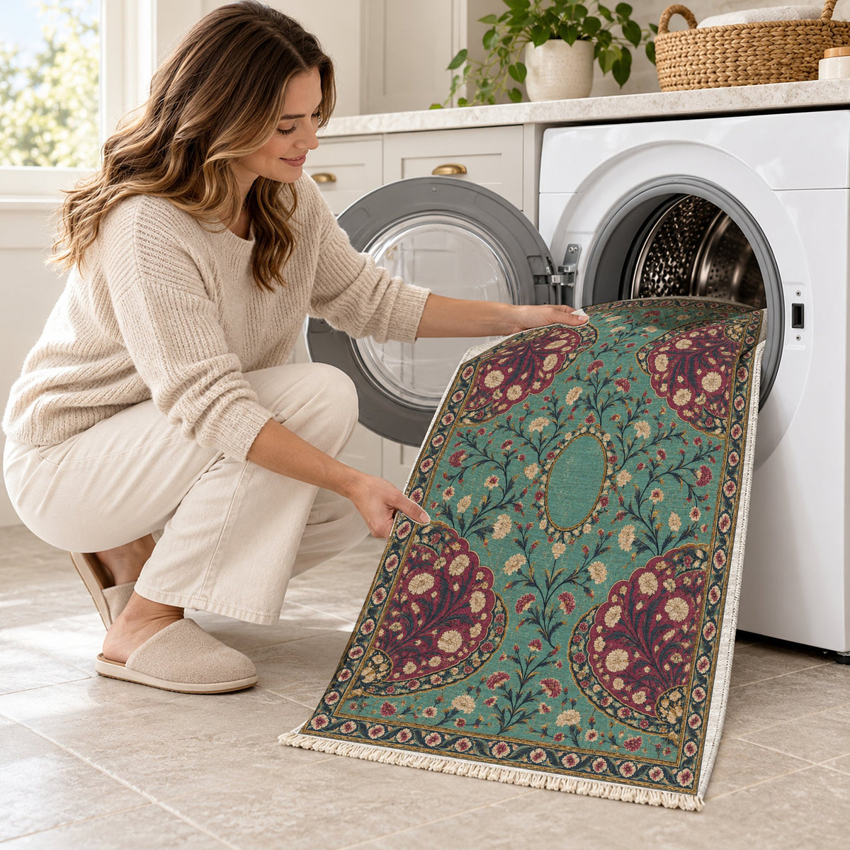 Broken Fan Court Lagoon & Berry washable rug being loaded into a washing machine