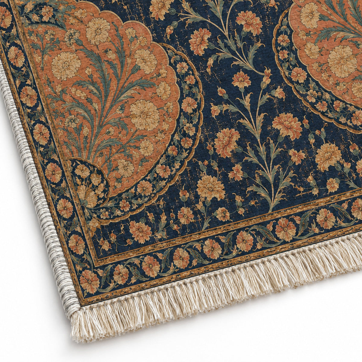 Broken Fan Court Midnight & Melon washable rug close-up of the printed chenille