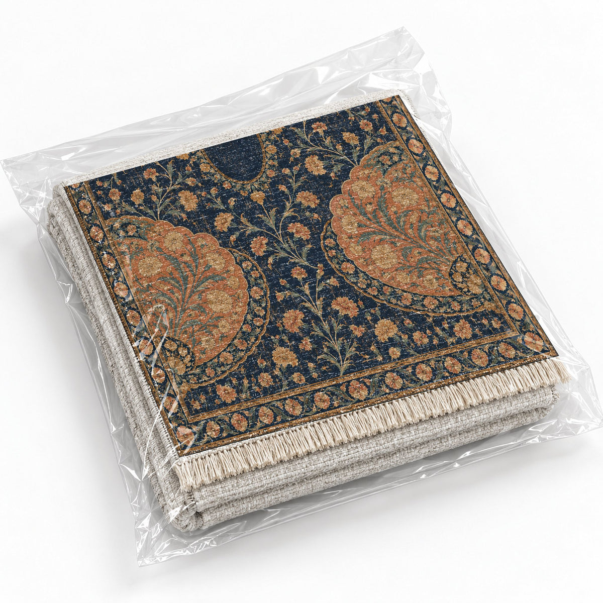 Broken Fan Court Midnight & Melon washable rug rolled and packaged