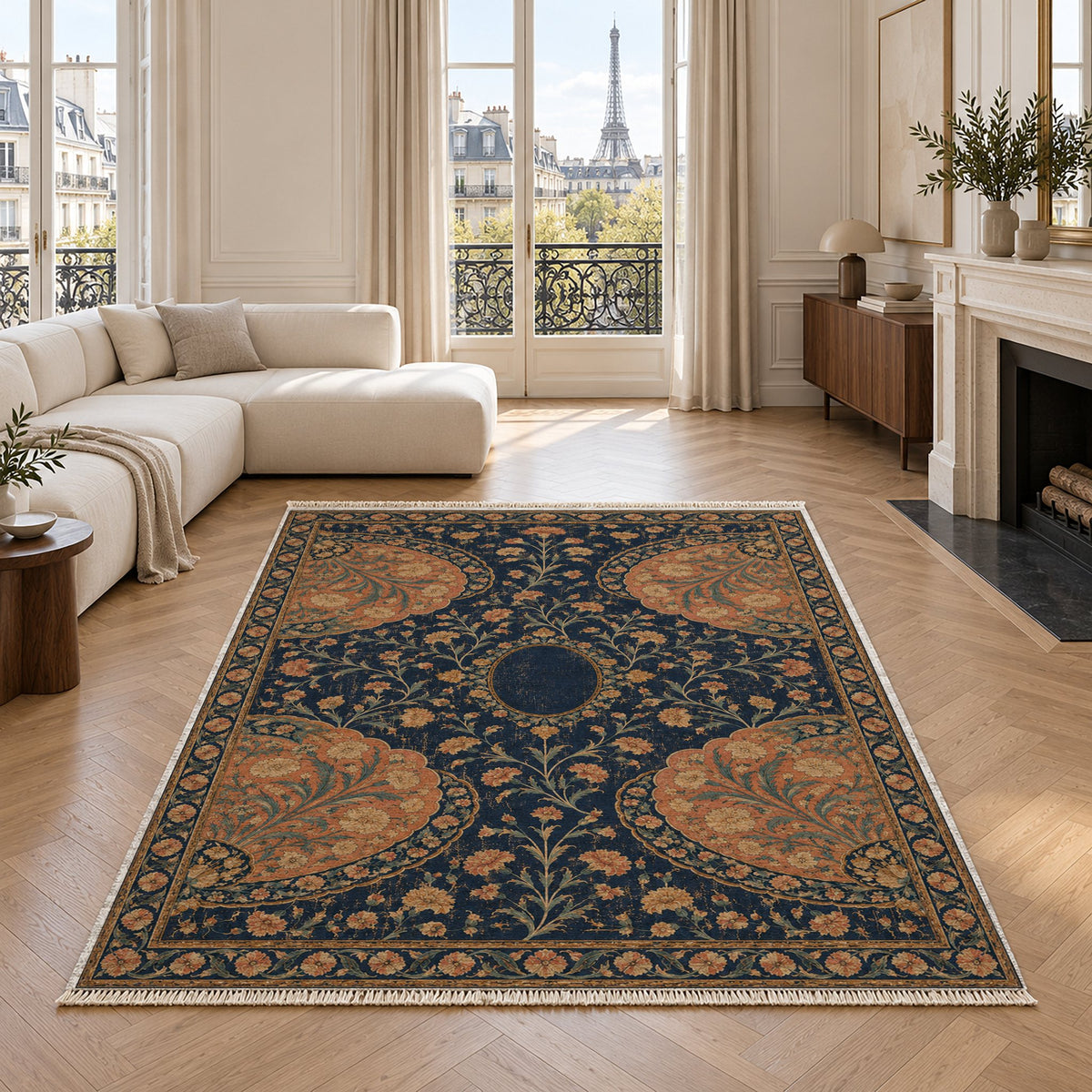 Broken Fan Court Midnight & Melon washable rug in a living room with an Eiffel Tower view