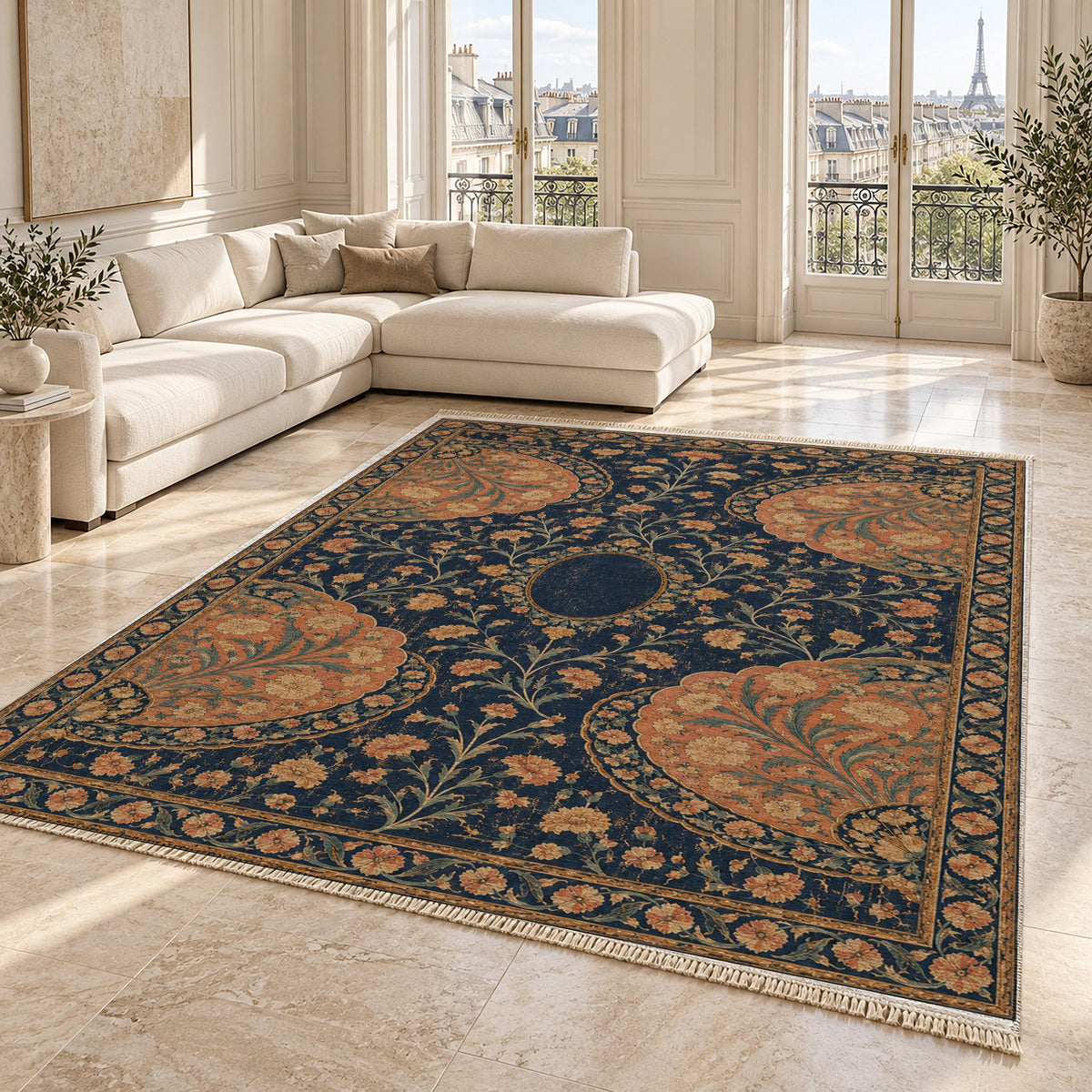 Broken Fan Court Midnight & Melon washable rug angled room view on marble