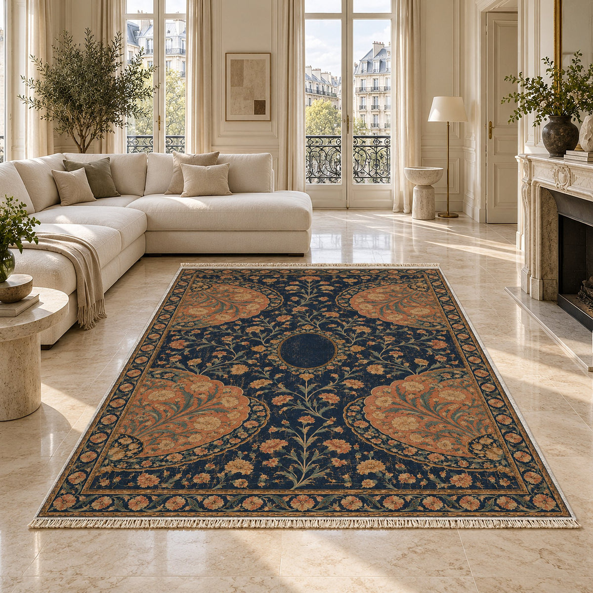 Broken Fan Court Midnight & Melon washable rug on a marble floor
