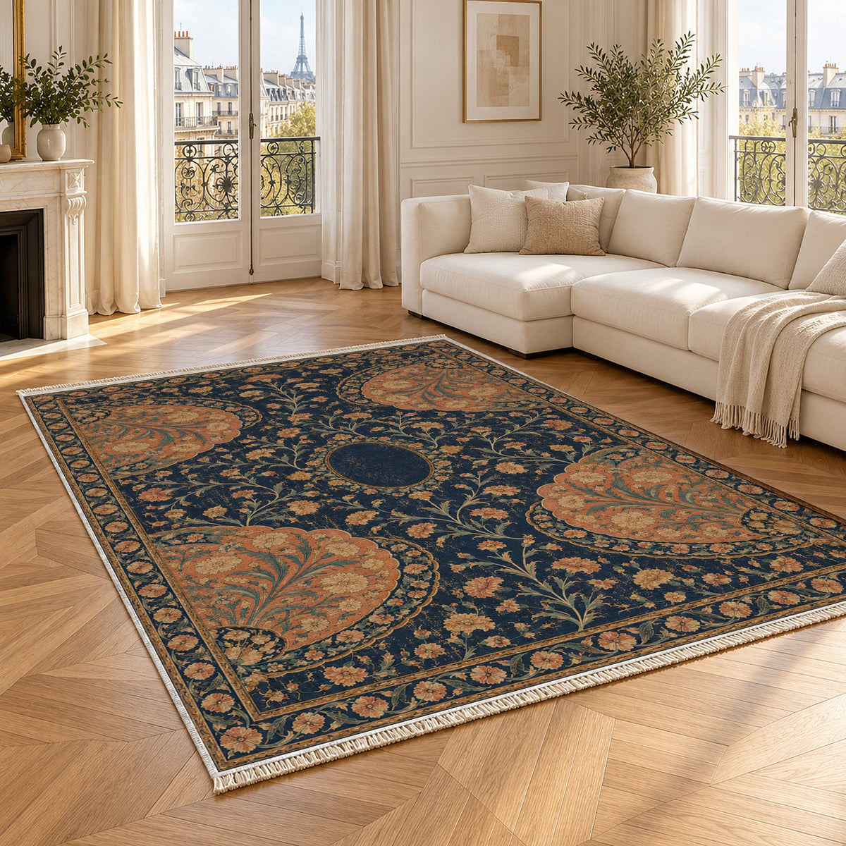 Broken Fan Court Midnight & Melon washable rug angled room view