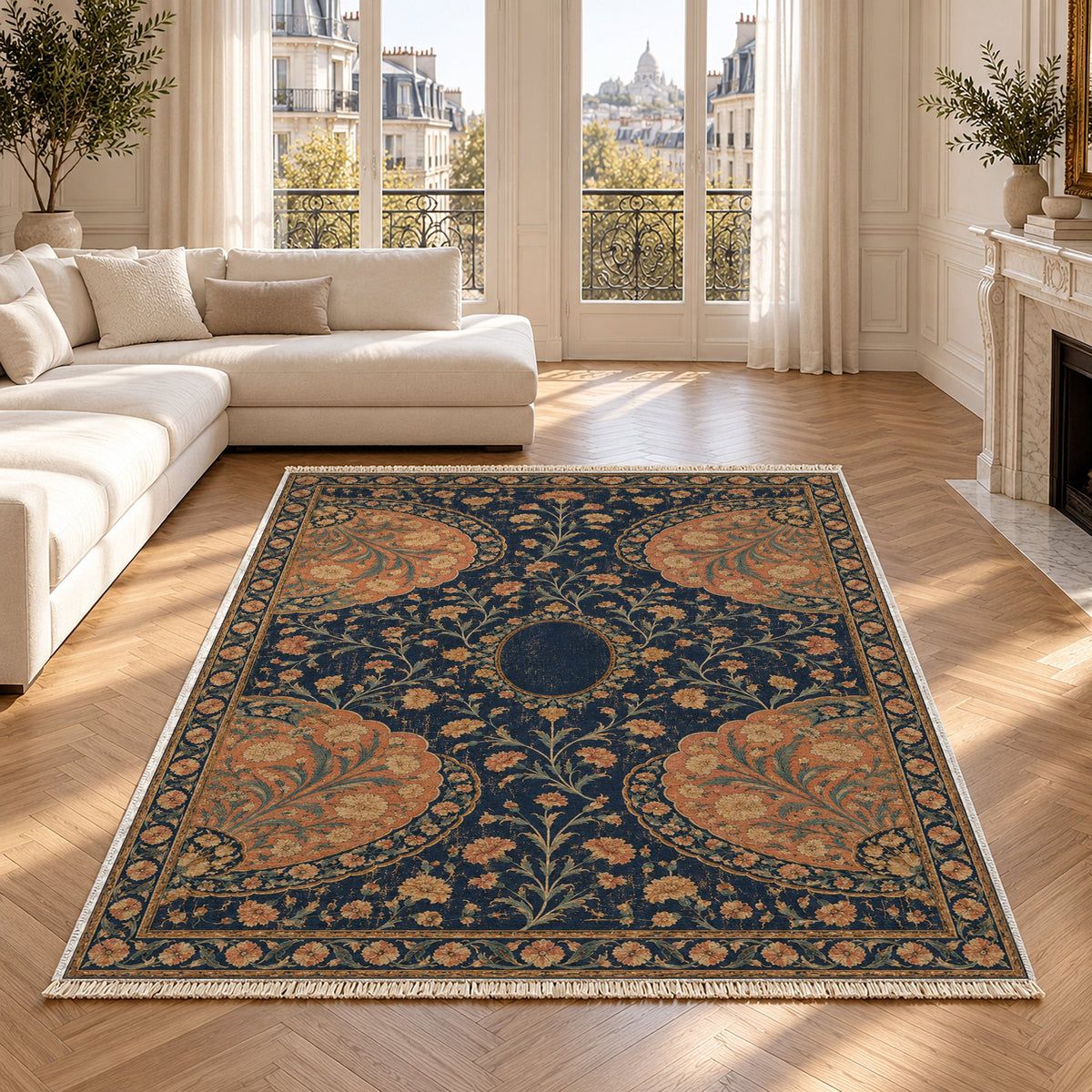 Broken Fan Court Midnight & Melon washable rug in a Paris living room