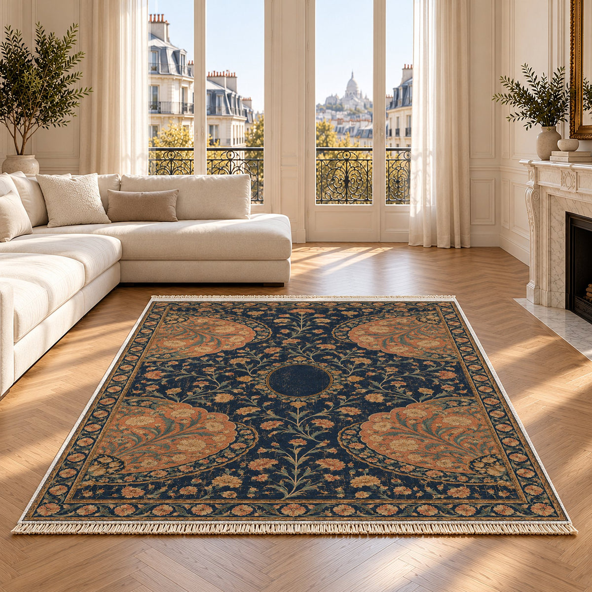 Broken Fan Court Midnight & Melon washable rug on an oak floor
