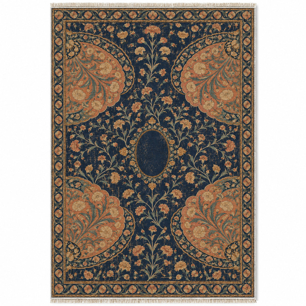Broken Fan Court Midnight & Melon washable rug top view