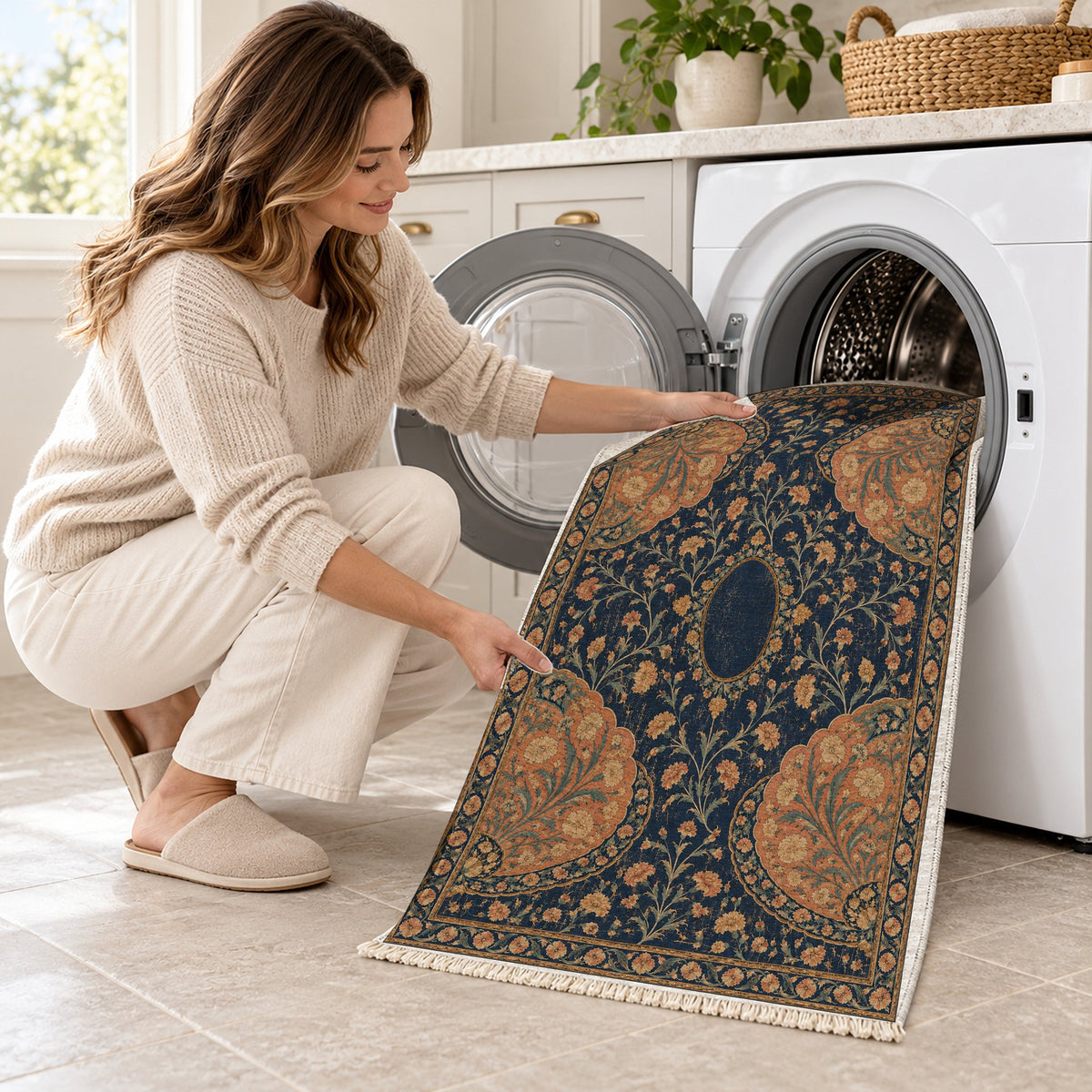 Broken Fan Court Midnight & Melon washable rug being loaded into a washing machine