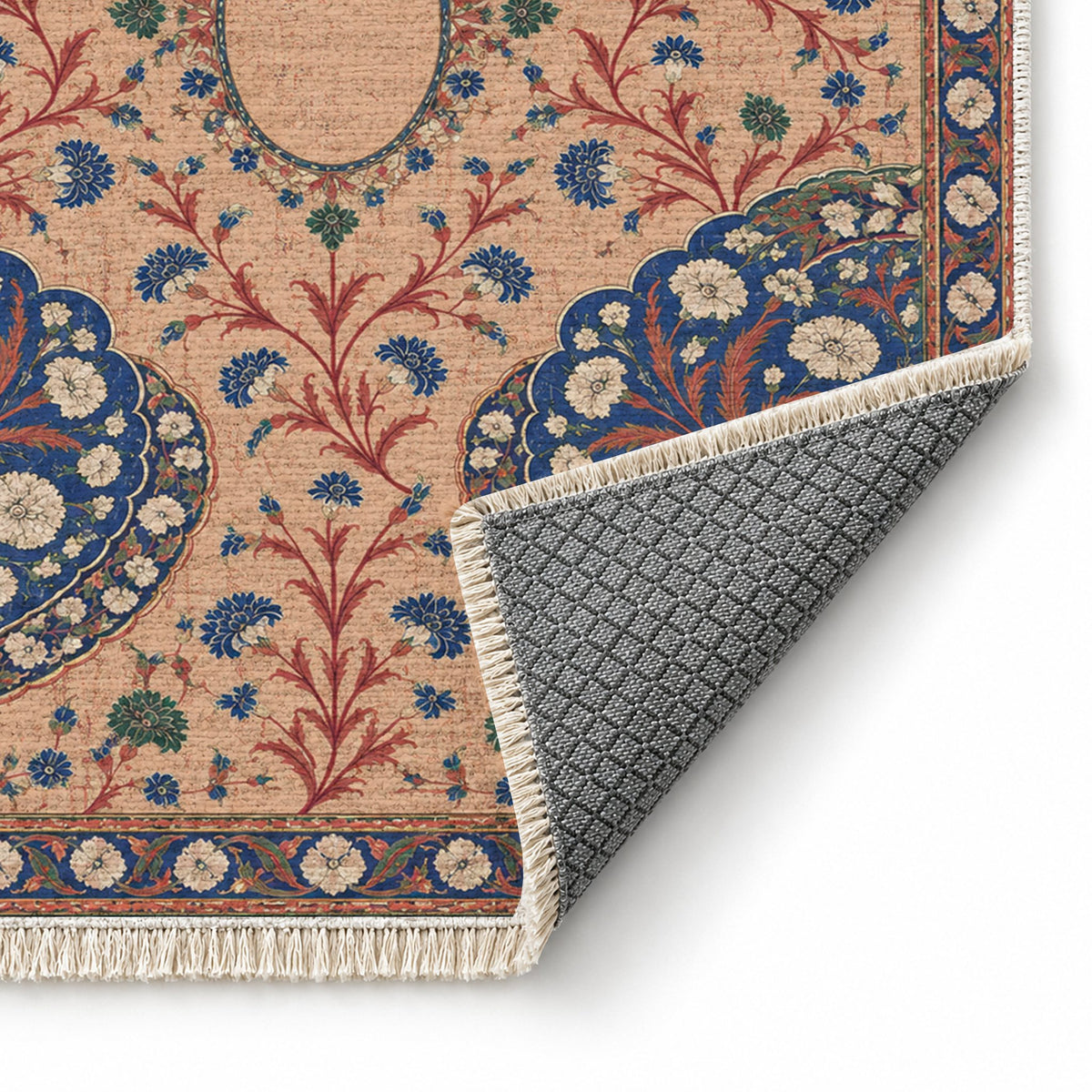 Broken Fan Court Peach, Cobalt & Jade washable rug folded corner showing the backing