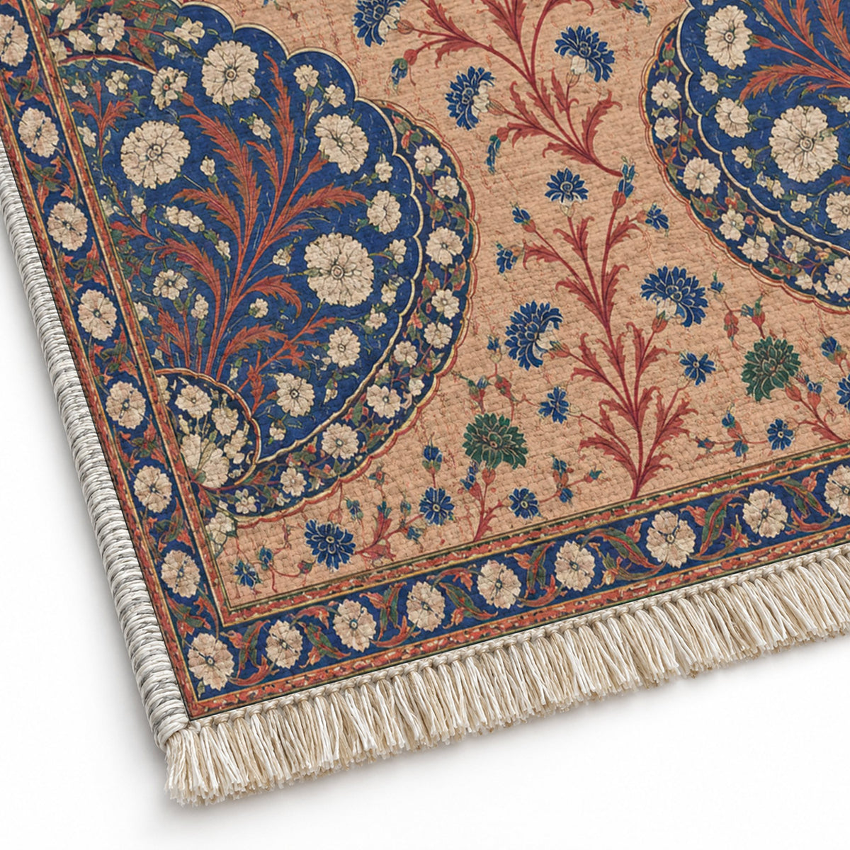 Broken Fan Court Peach, Cobalt & Jade washable rug close-up of the printed chenille