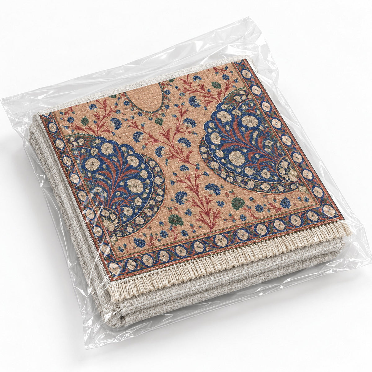 Broken Fan Court Peach, Cobalt & Jade washable rug rolled and packaged