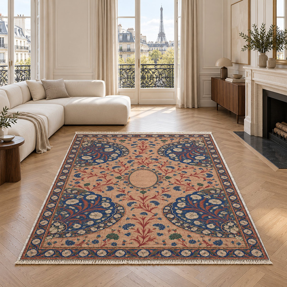 Broken Fan Court Peach, Cobalt & Jade washable rug in a living room with an Eiffel Tower view