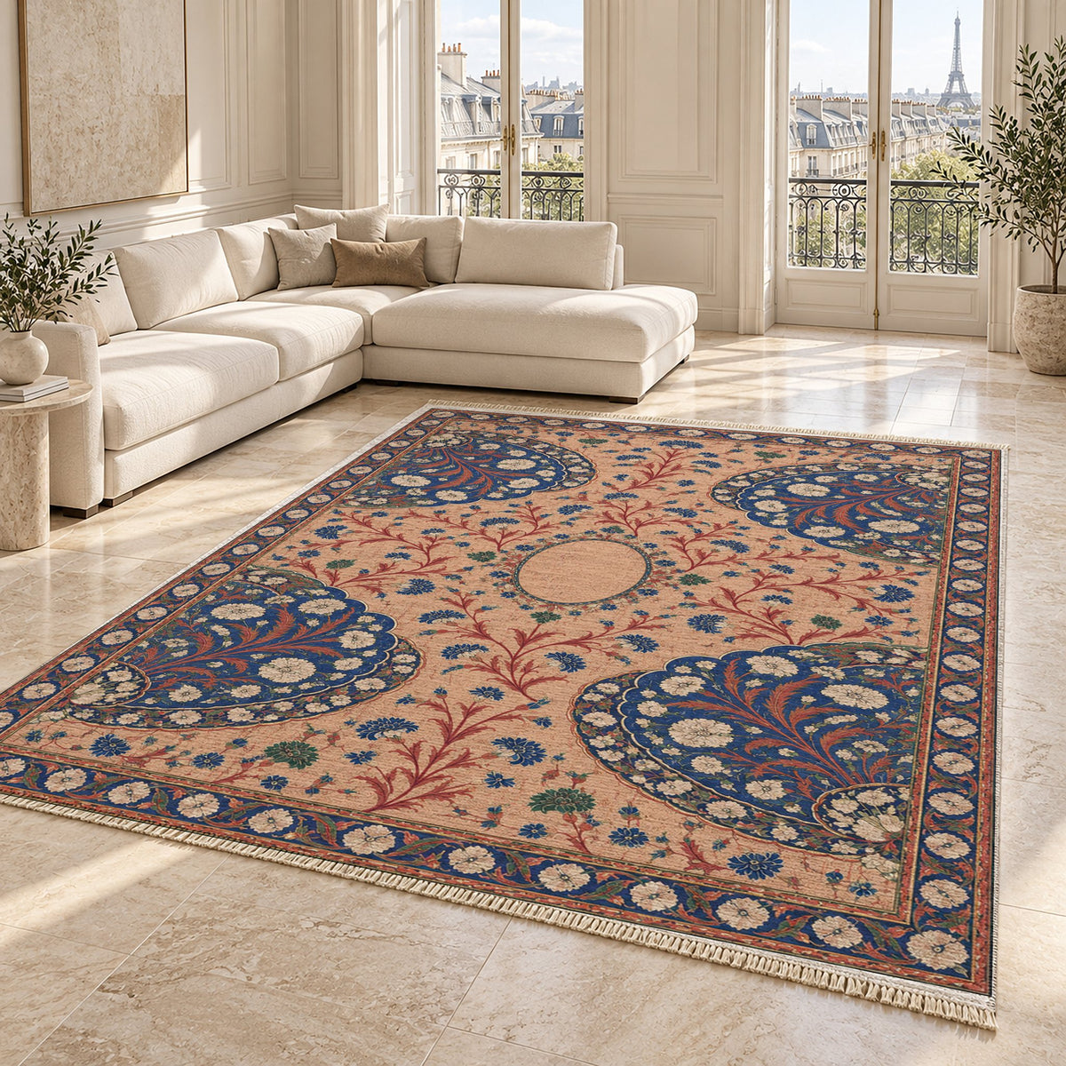 Broken Fan Court Peach, Cobalt & Jade washable rug angled room view on marble
