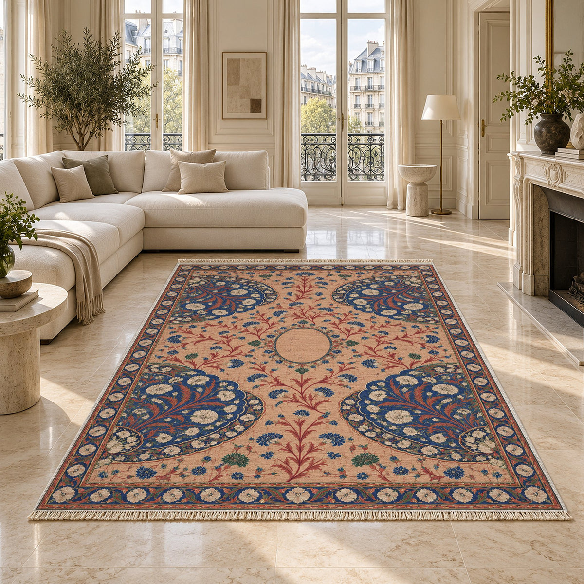 Broken Fan Court Peach, Cobalt & Jade washable rug on a marble floor