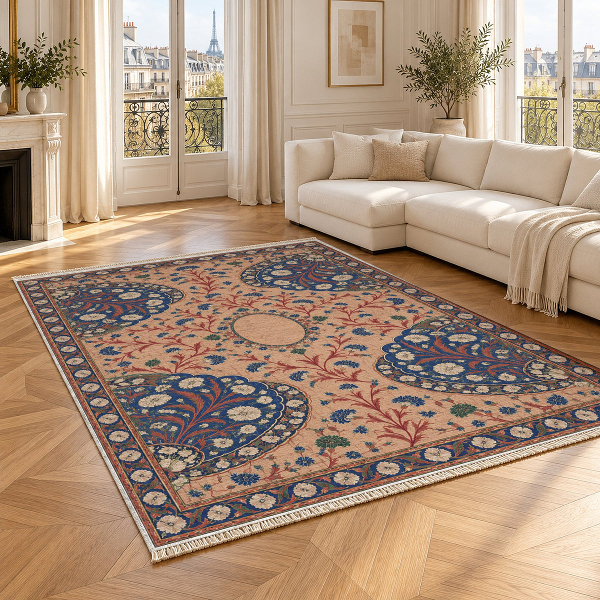 Broken Fan Court Peach, Cobalt & Jade washable rug angled room view