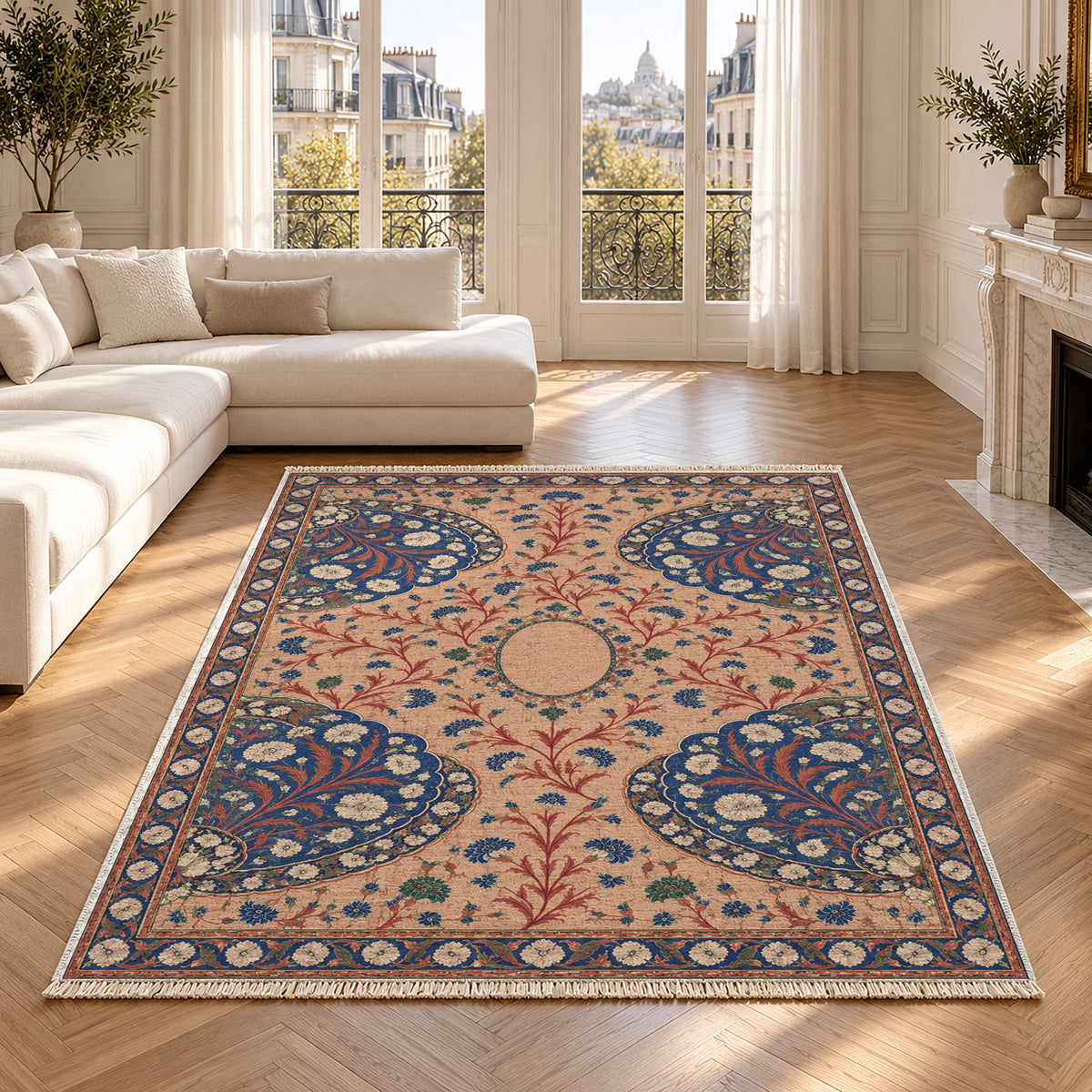 Broken Fan Court Peach, Cobalt & Jade washable rug in a Paris living room