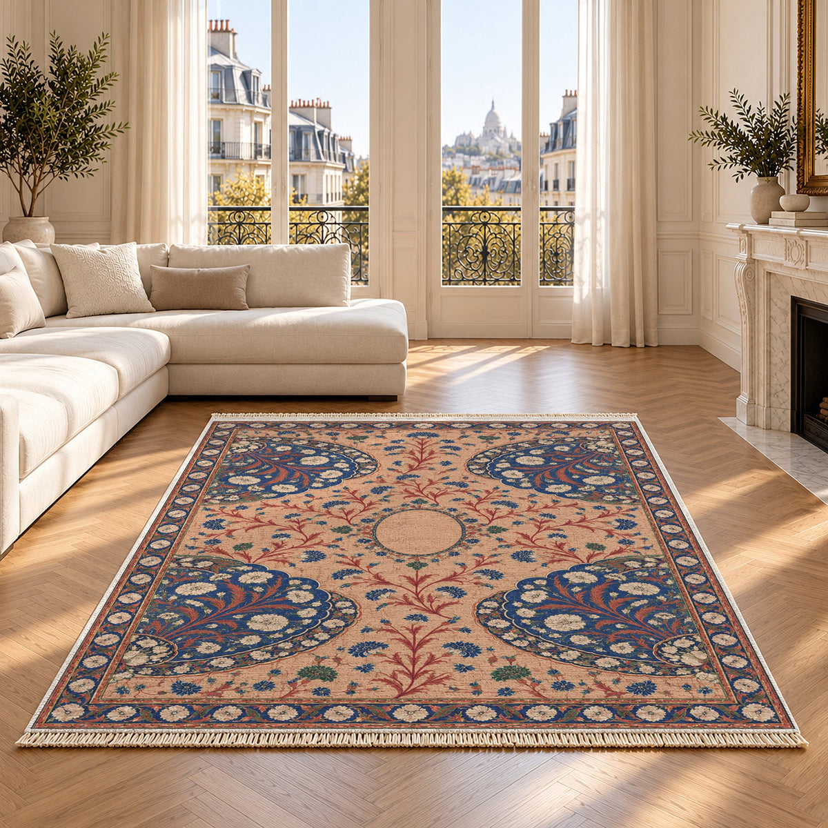 Broken Fan Court Peach, Cobalt & Jade washable rug on an oak floor