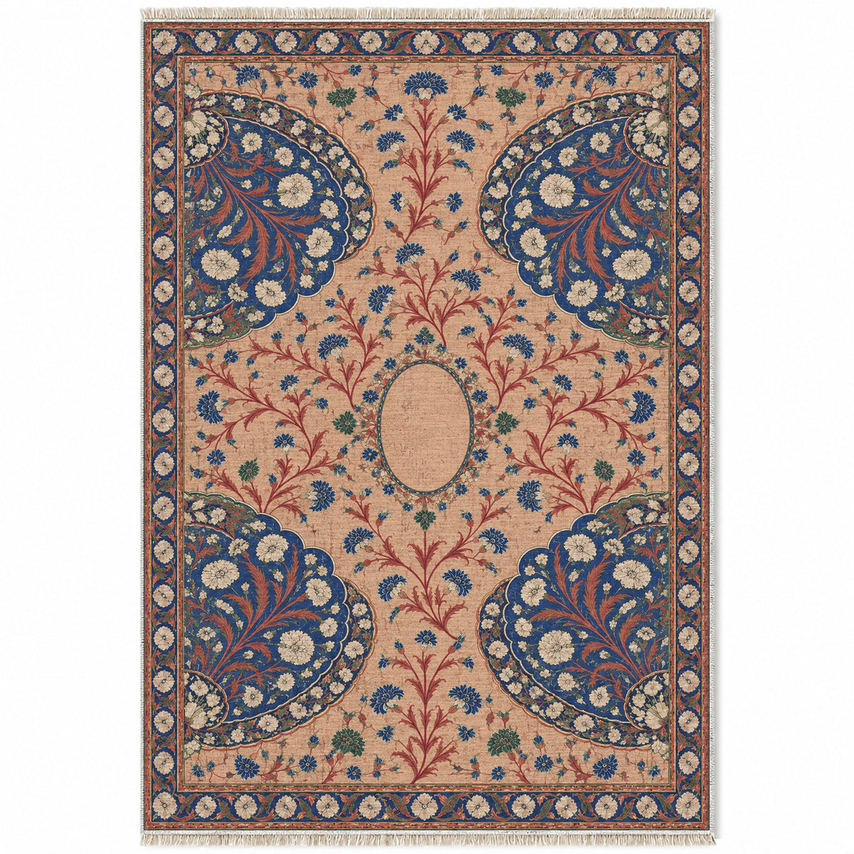 Broken Fan Court Peach, Cobalt & Jade washable rug top view