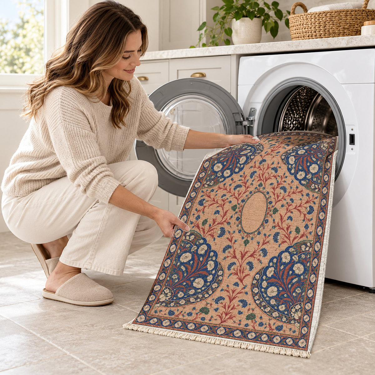 Broken Fan Court Peach, Cobalt & Jade washable rug being loaded into a washing machine