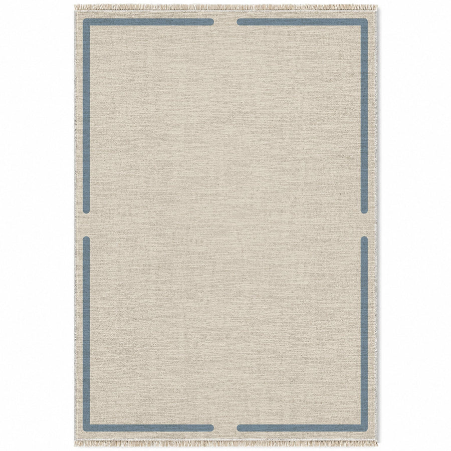 Broken Frame Ivory & Dusty Blue Bordered Washable Rug