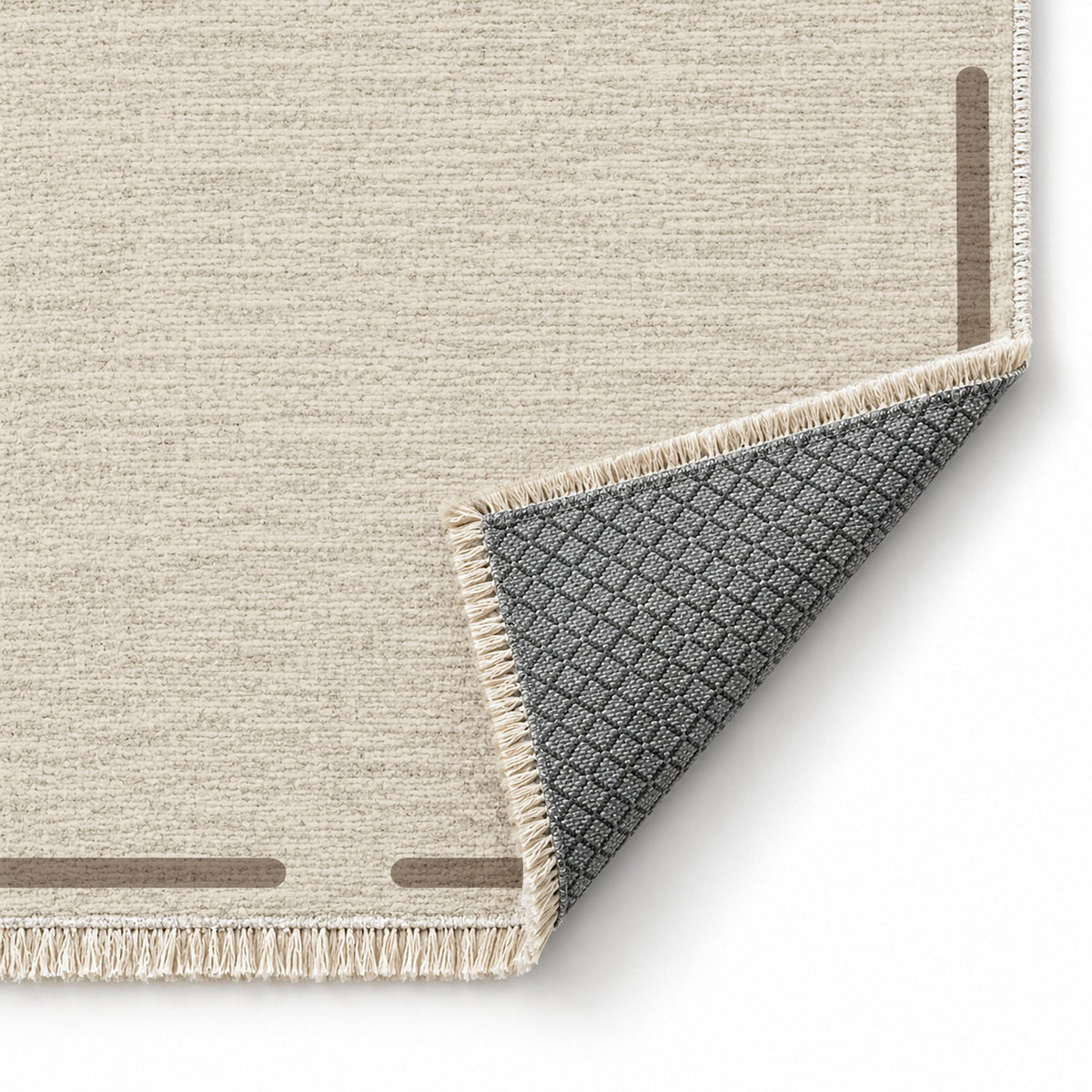 Broken Frame Ivory & Taupe washable rug folded corner showing the backing