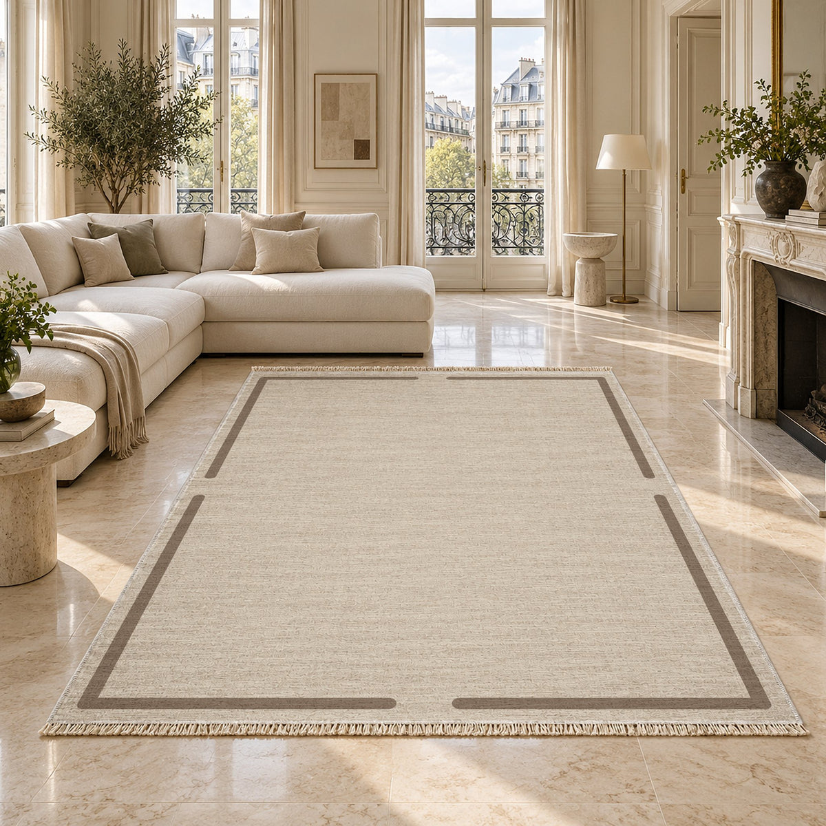Broken Frame Ivory & Taupe washable rug on a marble floor