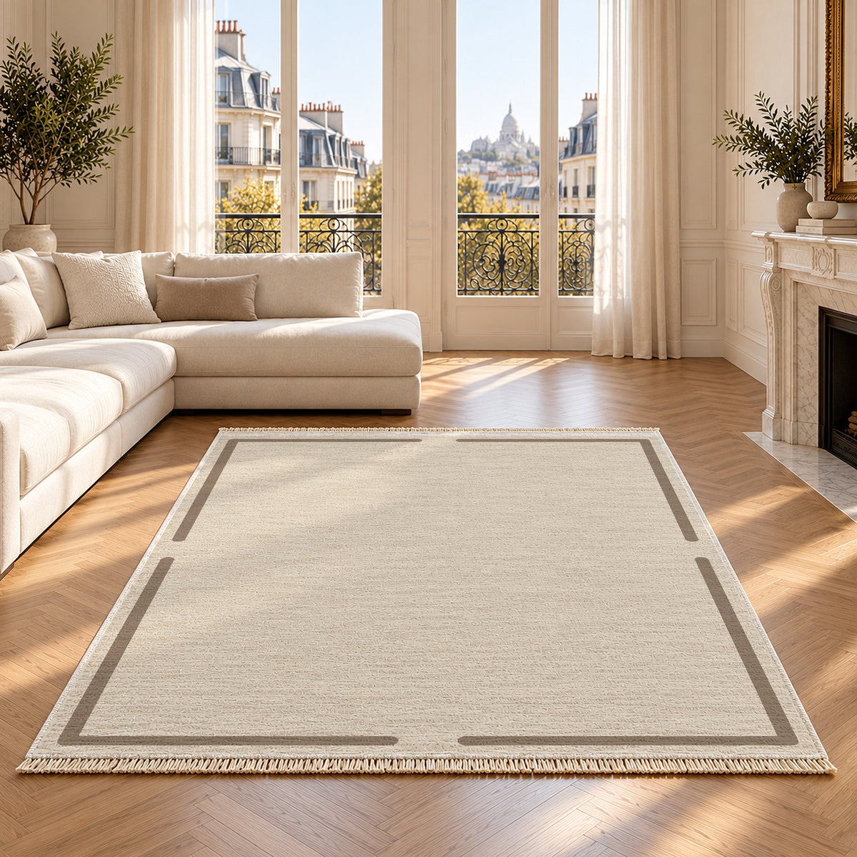 Broken Frame Ivory & Taupe washable rug on an oak floor
