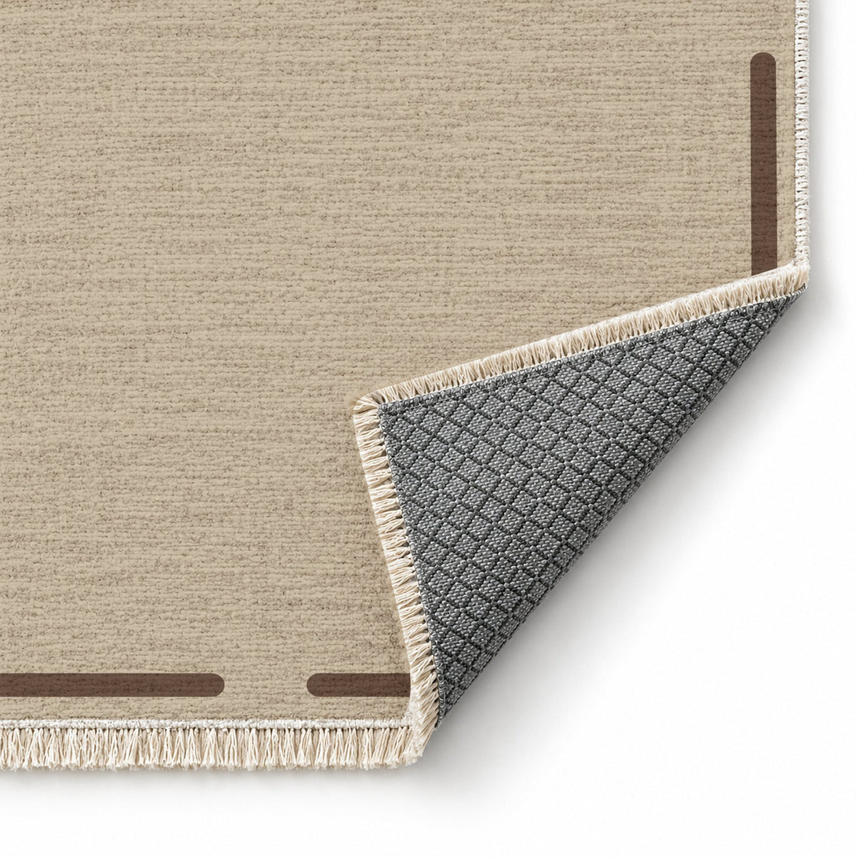 Broken Frame Oat & Cocoa washable rug folded corner showing the backing