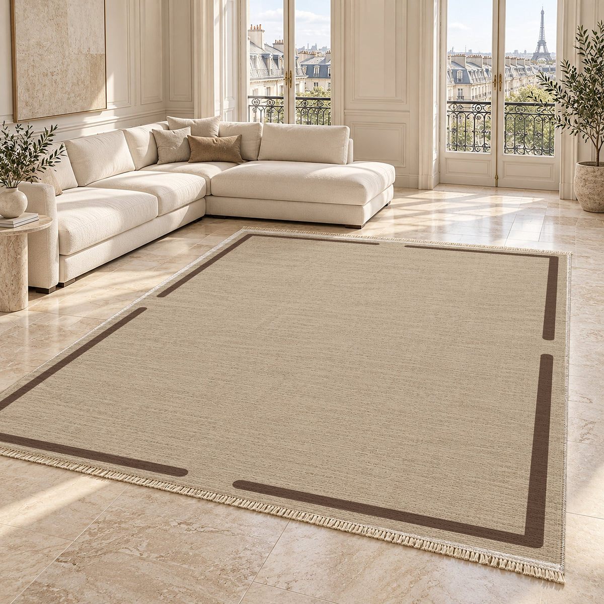 Broken Frame Oat & Cocoa washable rug angled room view on marble