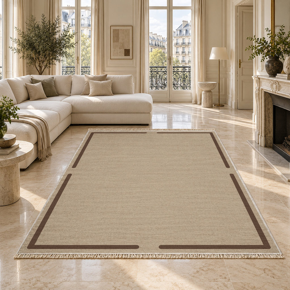 Broken Frame Oat & Cocoa washable rug on a marble floor