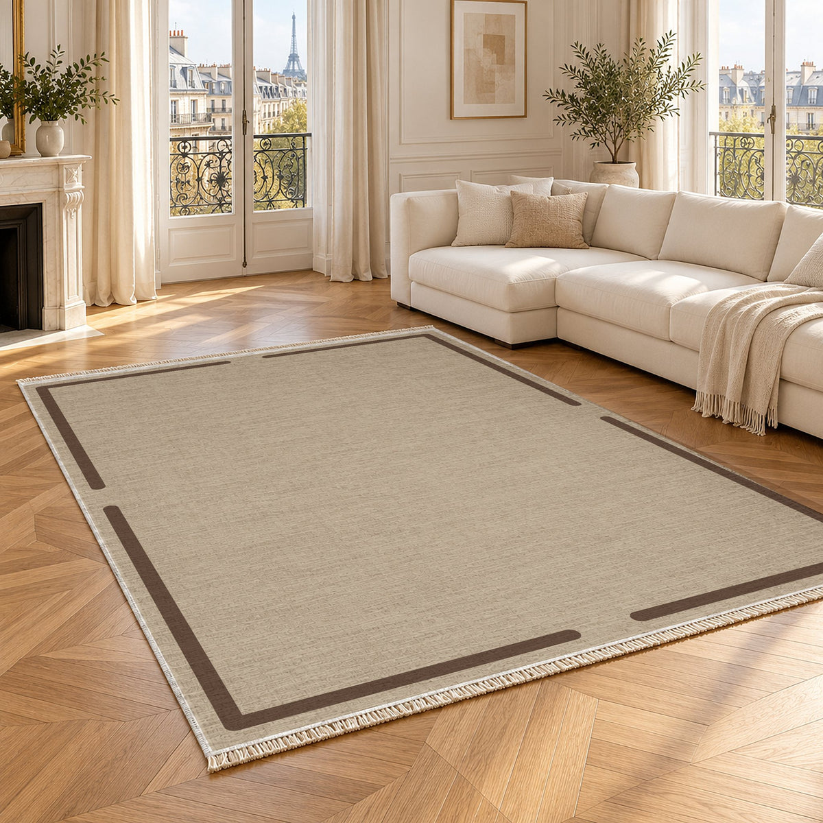 Broken Frame Oat & Cocoa washable rug angled room view